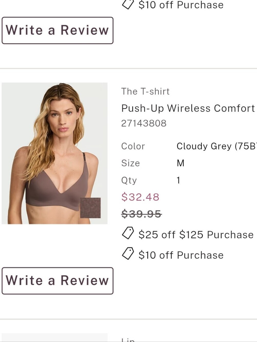 Victorias Secret Push-Up Wireless Comfort Bra - Cloudy Grey Size M